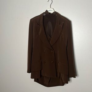 Brown Silk Three Piece Skirt Suit Set w/ Open Back Double Breasted Blazer